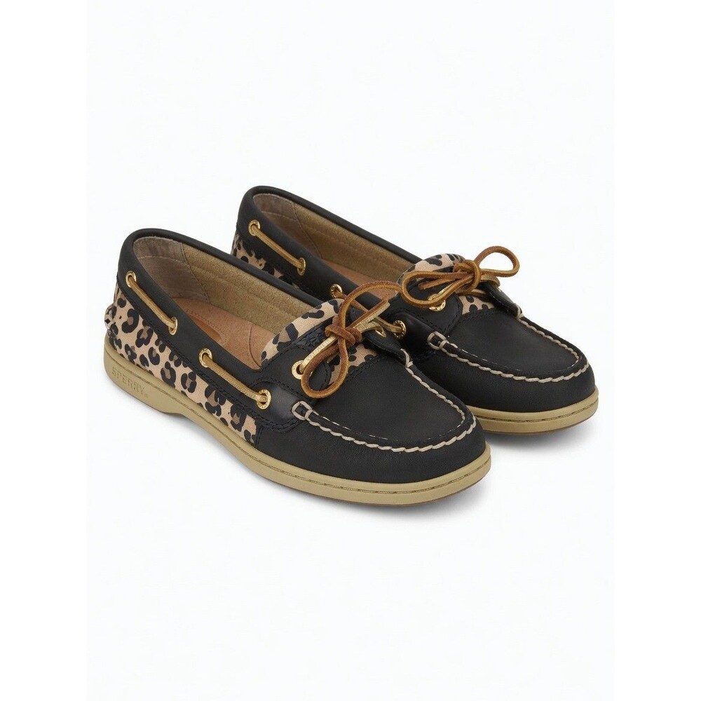 Sperry Top Sider Boat Shoes Womens 8.5 M Leopard Black Leather Loafers Gold Trim